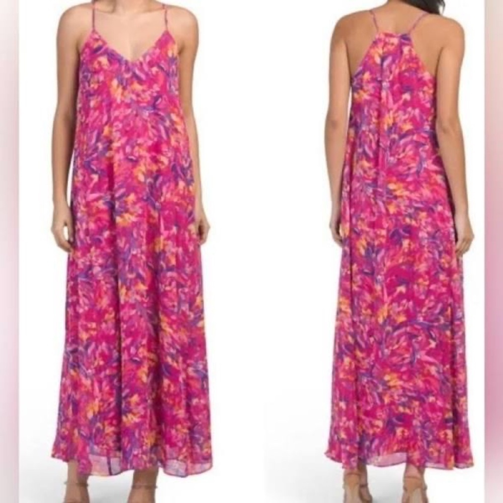 Nicole Miller Floral Slip Maxi Dress Pink XL Artsy Watercolor Vacation Travel